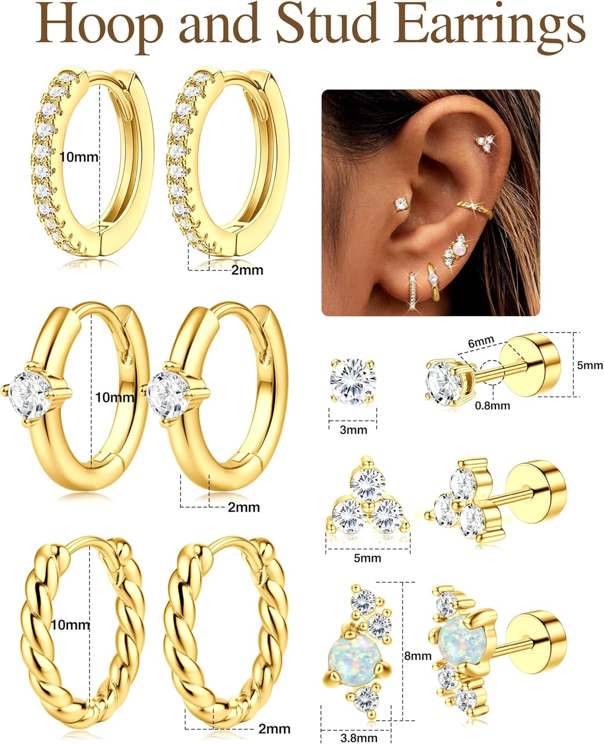 Florideco Small Hoop Earrings 14K Gold Plated Hypoallergenic Flat Back Earrings Surgical Stainless Steel Cartilage Earring Sets for Multiple Piercing Trendy Earring Stacks Flatback Stud Earrings - Image 6