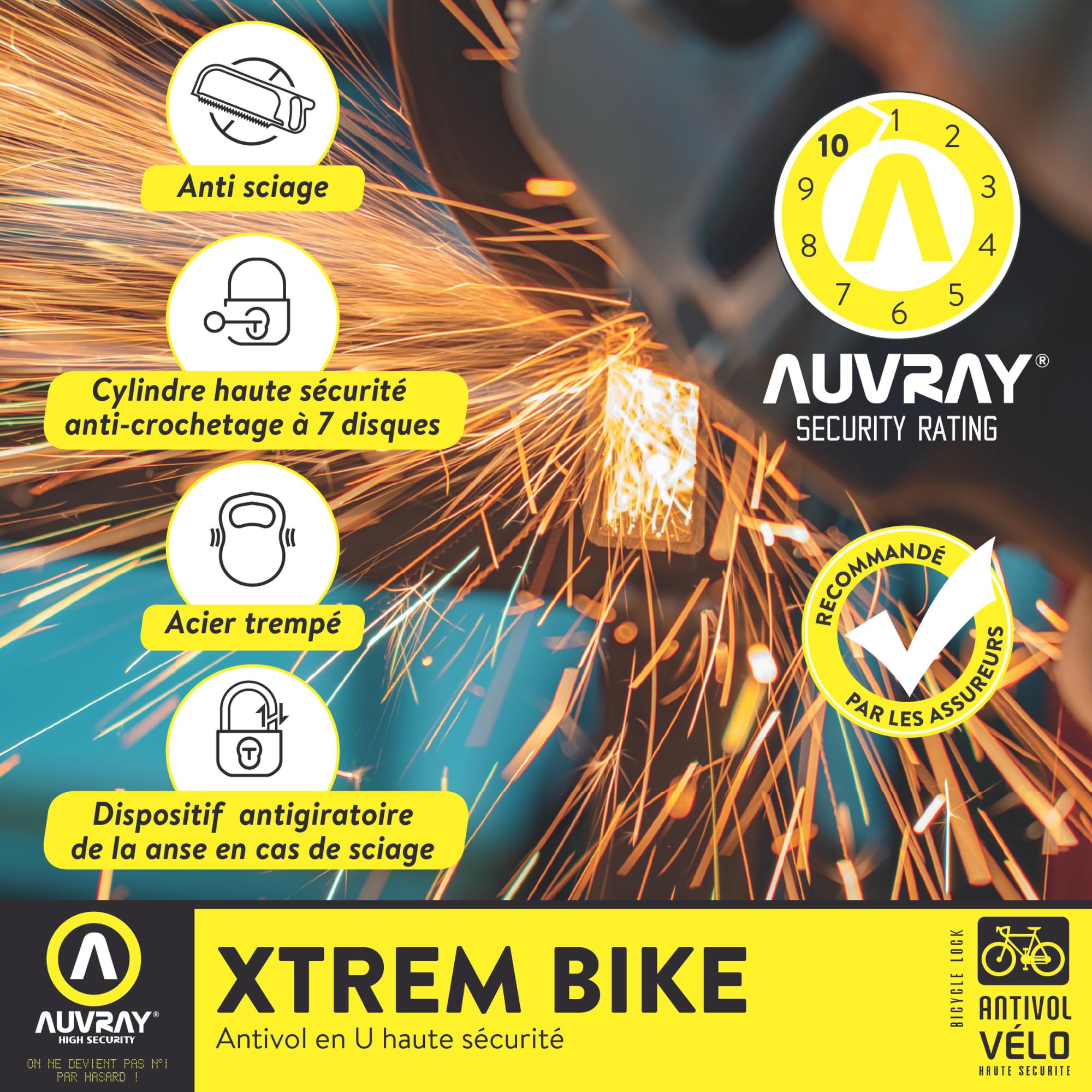 Auvray - Antivol U classe SRA - vélo, moto et scooter - homologué et ultra résistant - anse acier cémenté 18 mm - 3 clefs numérotées fournies -