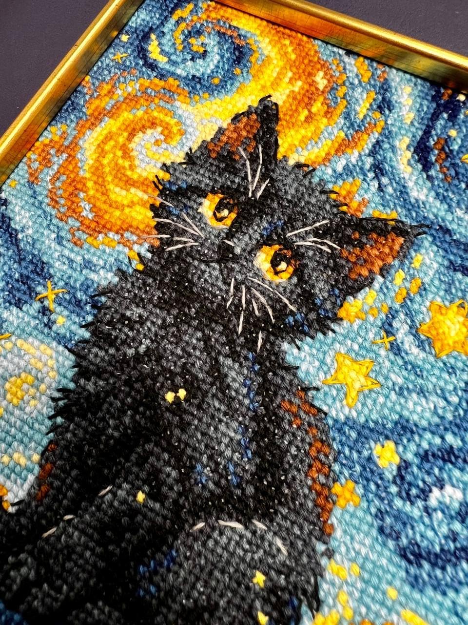 RIOLIS - Starry Cat 2288, Cross Stitch Kits 6"x7", Cat Cross Stitch Kits for Beginners & Advanced, Crossstitching Kit Adult, Animals Embroidery Counted Stitching Kit