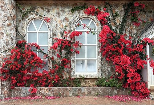 Miniatura 8 de Baocicco Telón de fondo romántico de flores rojas de 20 x 10 pies, estilo italiano, ventanas, casa, piedra, pared, fondo de fotografía de vid verde,