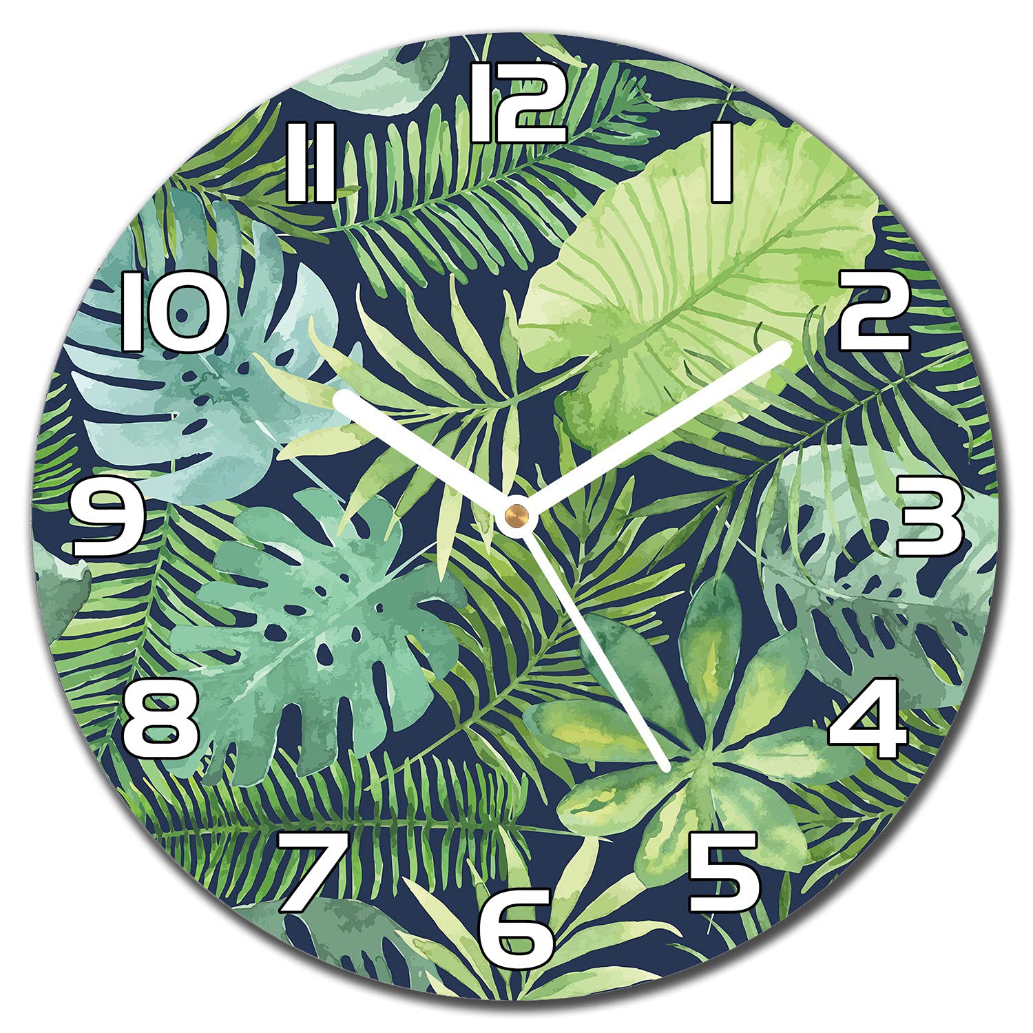 Horloge en verre 30 cm Feuilles de la Marine Coloray avec des aiguilles blanches pour le salon