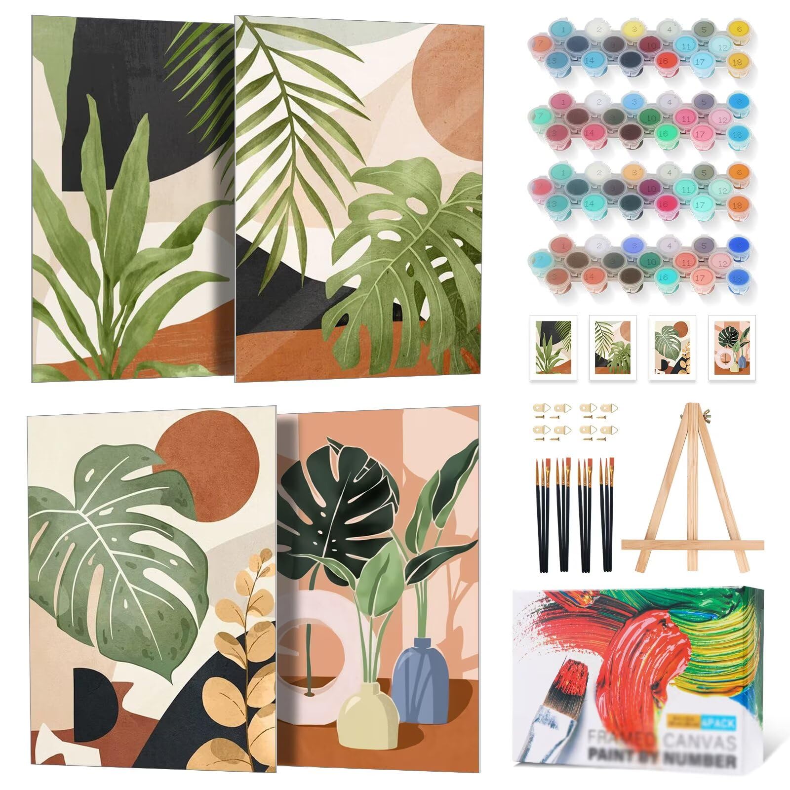 Fountor 4Pf-2030Cm-05 4 Pack Paint By Numbers For Adults With Frame Green Plant 20X30 Cm