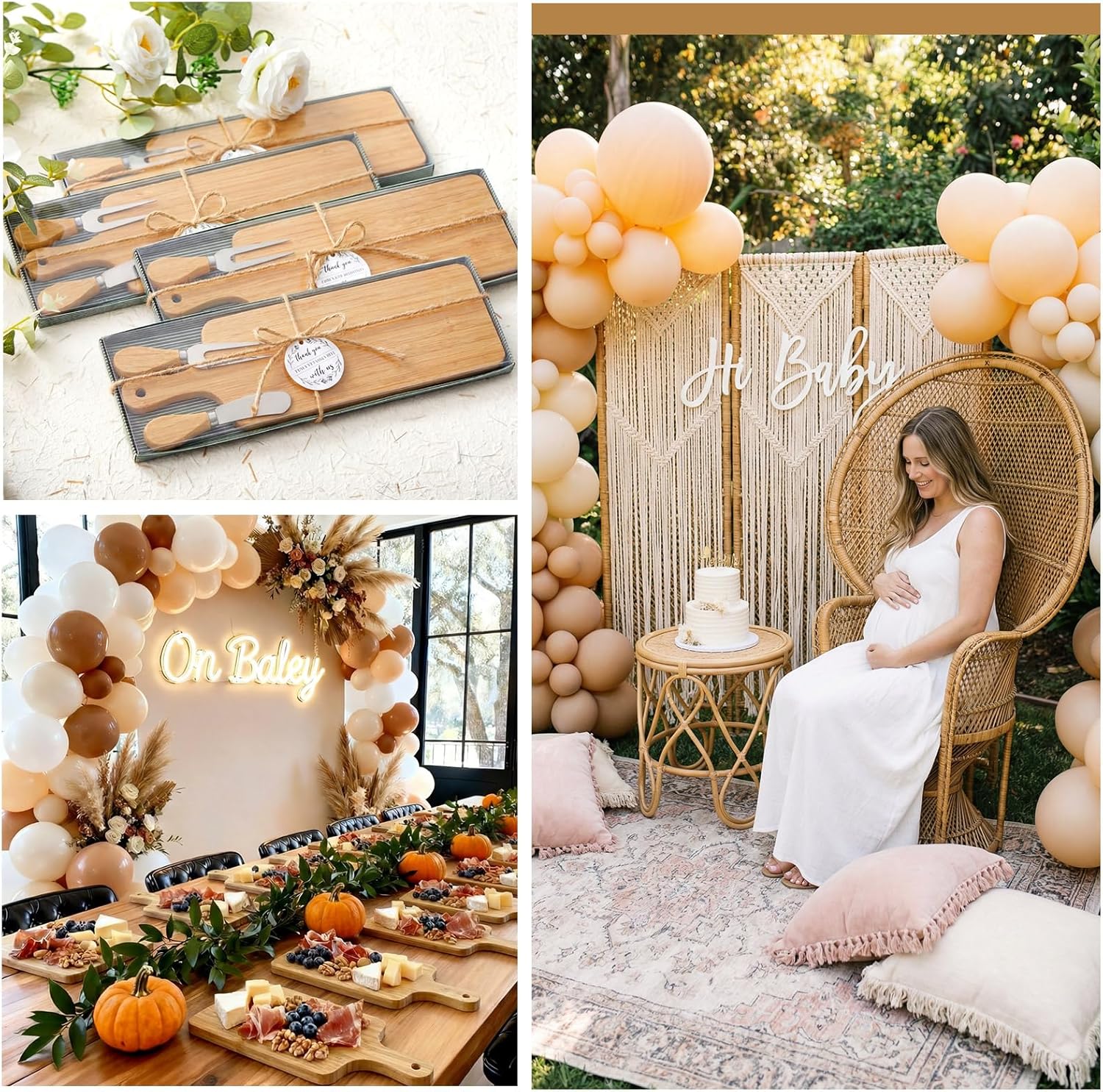 Ziliny 4 Sets Bridal Baby Shower Prizes Cheese Square Wooden Board Gift Set Knives Forks Thank You Tags with Box for Guests for Bridal Baby Shower Wedding Housewarming (Bamboo Color)
