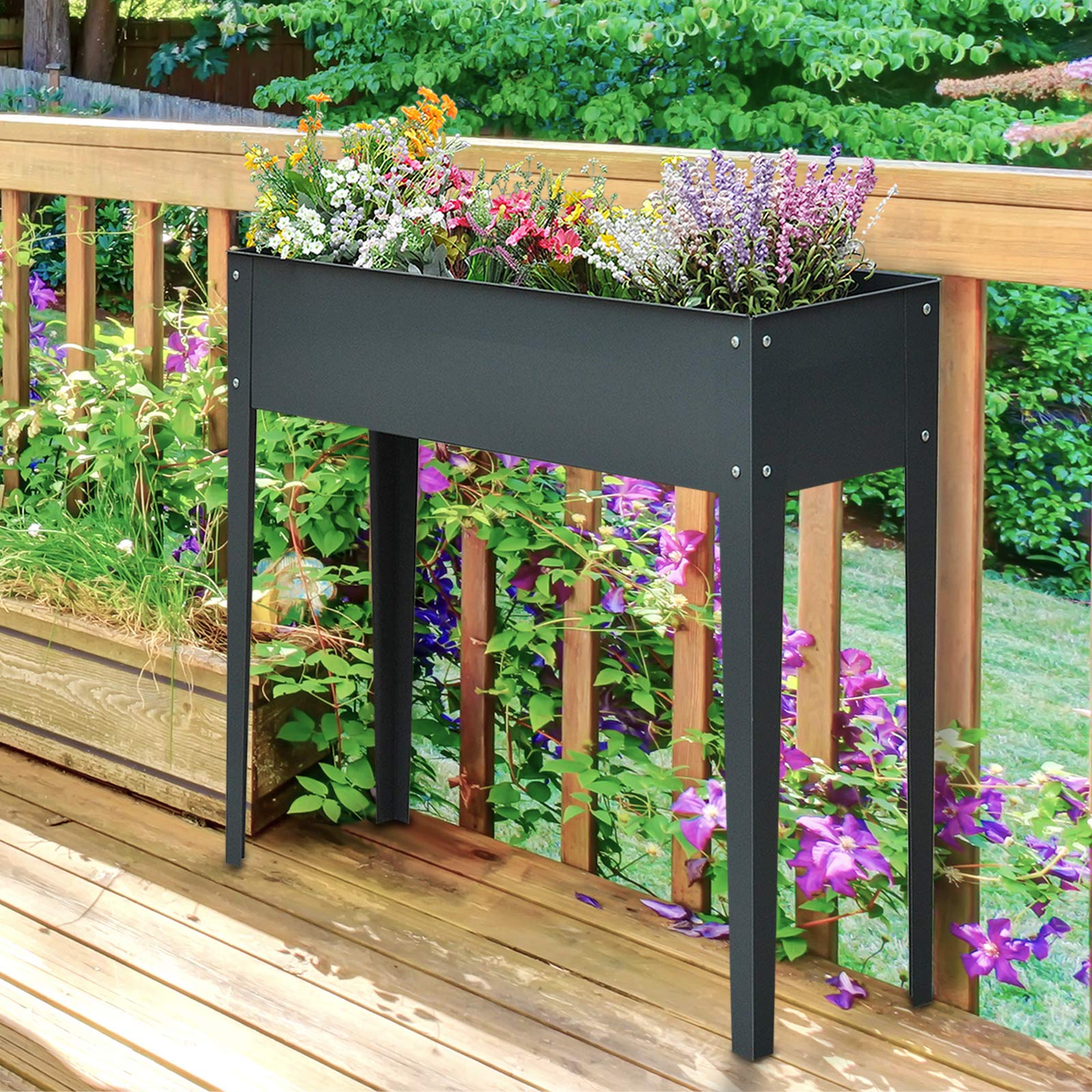 Outsunny Fioriera da Esterno Rialzata con 3 Fori di Drenaggio, Fioriera in Metallo per Giardino e Balcone, 100x30x80 cm, Grigio Scuro