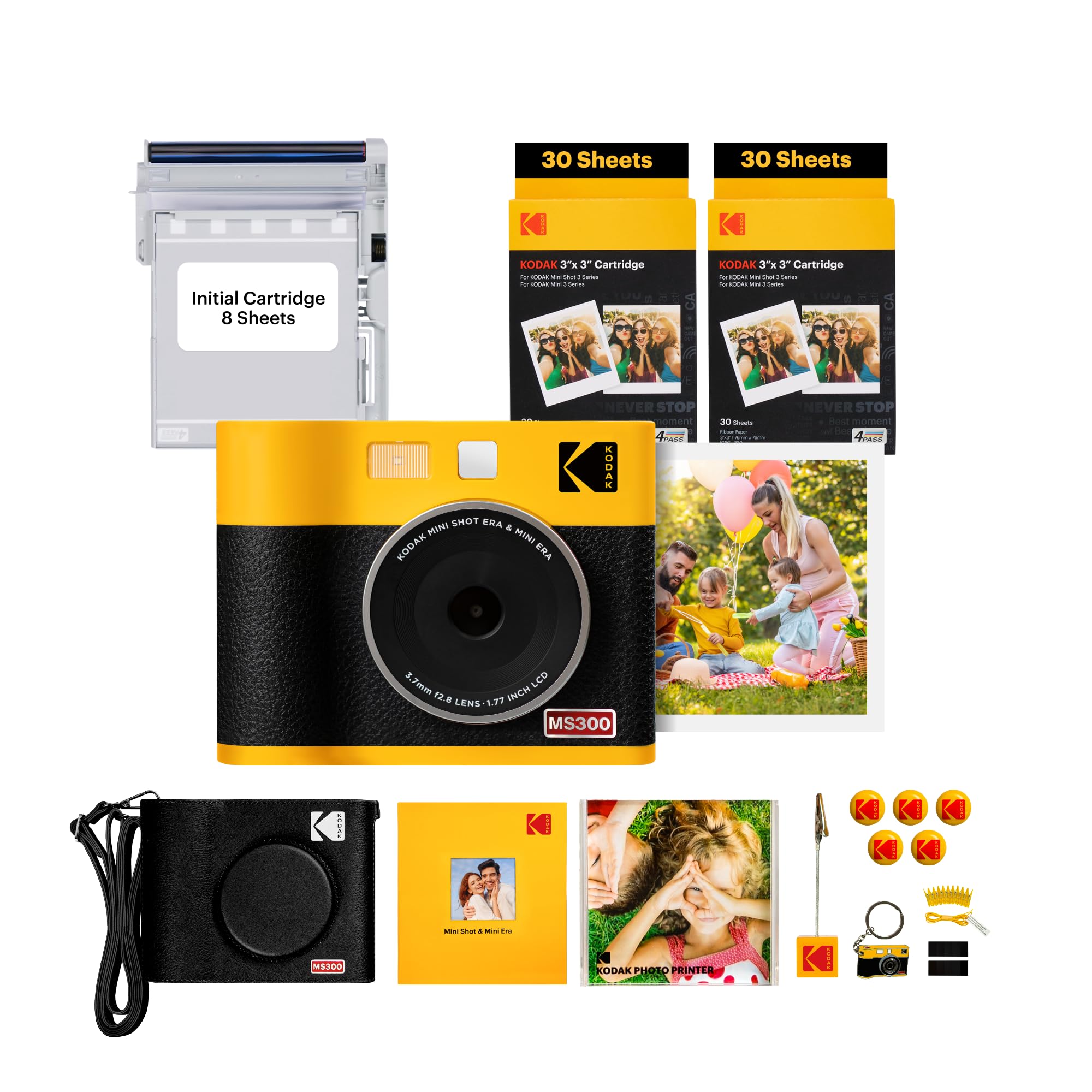 KODAK Mini Shot 3 ERA 4PASS 2-in-1 Instant Camera and Photo Printer (3x3 inches), Initial 8 Sheets + 60 Sheets Pack, Accessory Bundle, Yellow