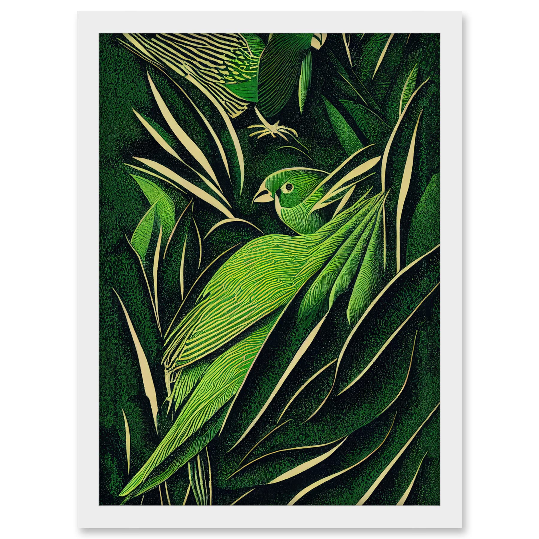Wee Blue Coo Green Modern Vintage Retro Abstract Jungle Tropical Leaves Parrots Illustration Artwork Framed A3 Wall Art Print