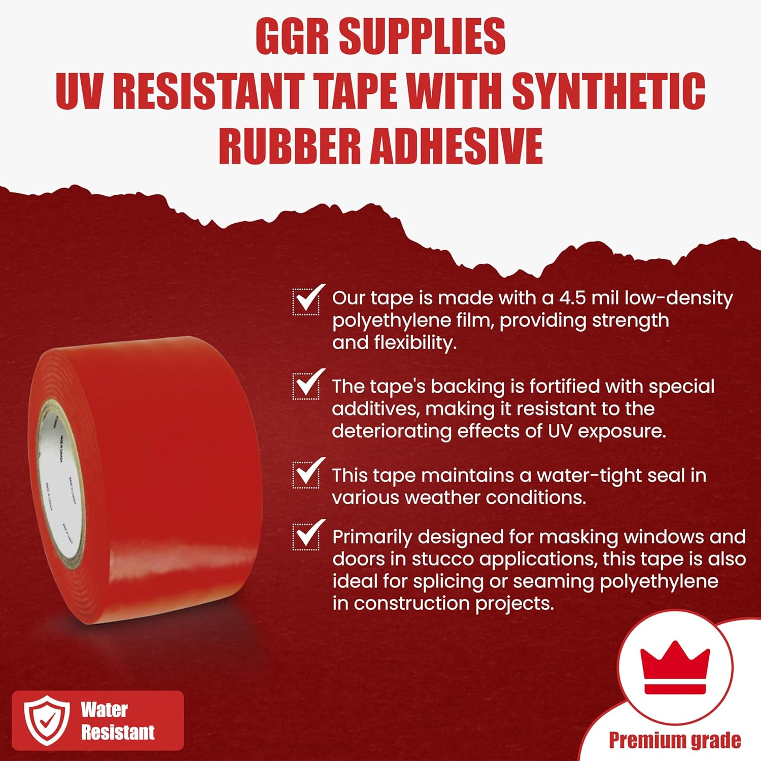 GGR Supplies UV Resistant Tape with Synthetic Rubber Adhesive. Stucco Window/Door, Polyethylene Splicing/Seaming in Construction, No Residue, Weatherproof, Tacky Bond. 60 Yds. (Red, 6" (144mm))