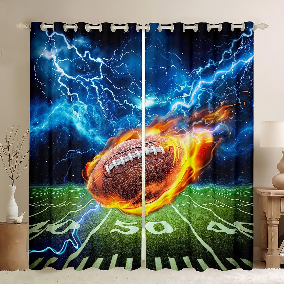 American Football Window Curtain Lightning and Flame Football Curtains Kids Boys Fashion 3D Football Field Window Treatment Curtain Teens Room Decor Sports Games Window Drapes,Top 2 Panel,52Wx96L