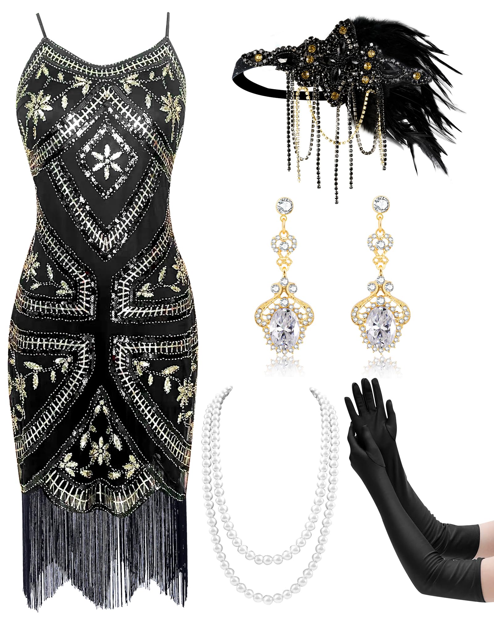 Robe garçonne années 1920 pour femme avec ensemble d'accessoires des années 20 – Tenues des années 1920 pour femmes, noir et doré, taille M