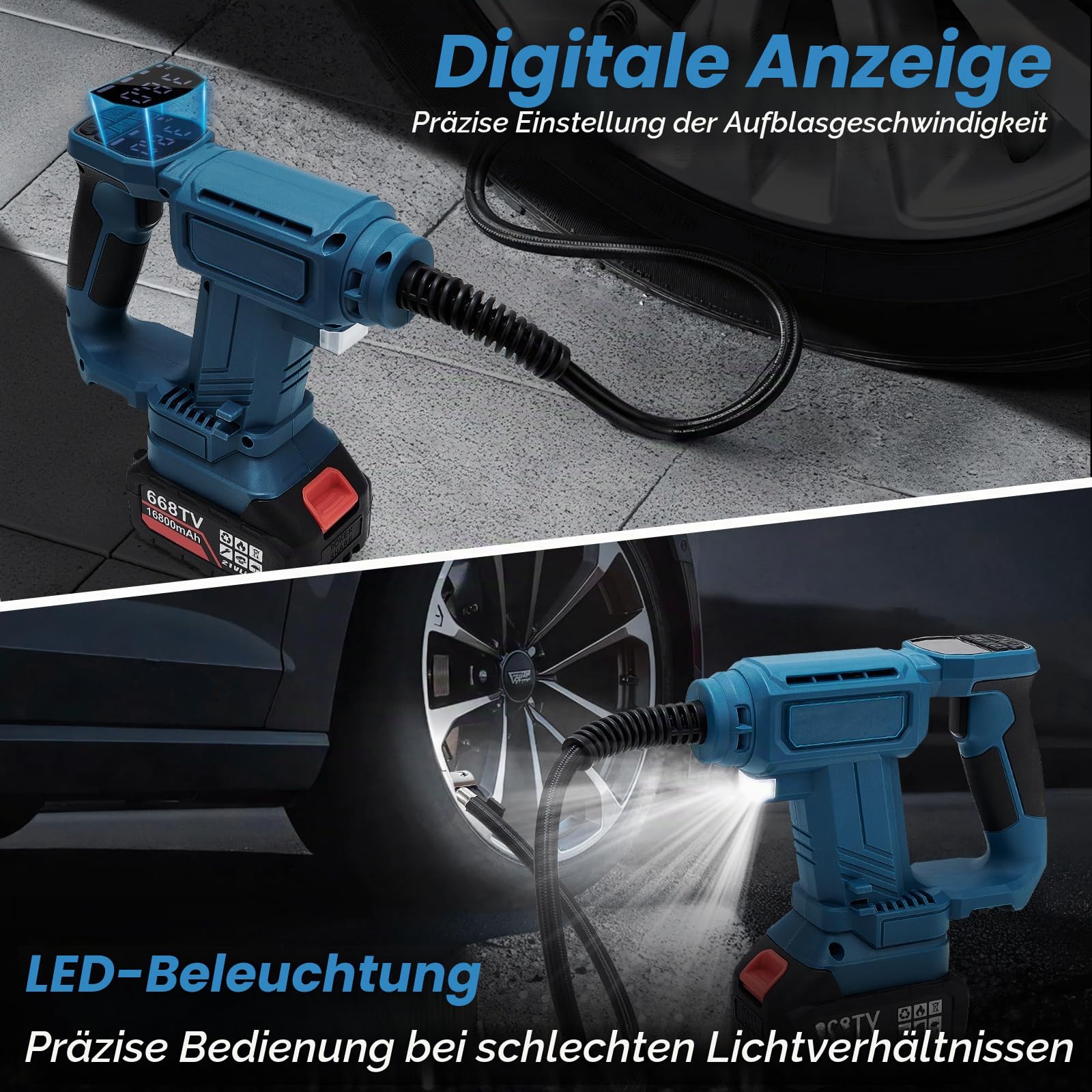 Akku Kompressor kompatibel mit Makita 18V Akku,Bürstenlosem Autokompressor mit Digitalem Manometer,150PSI,LED-Licht & Autostopp, für Auto,Motorrad, Fahrrad, Sportbälle (Ohne Akku)