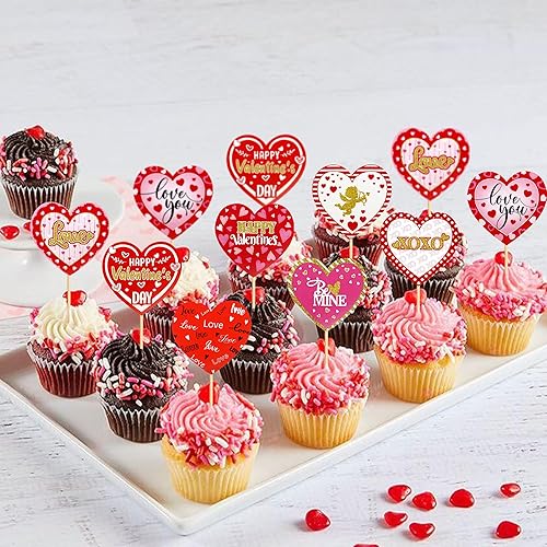 Miniatura 4 de Ercadio Paquete de 24 adornos para magdalenas de corazón para el día de San Valentín, diseño de corazón con texto en inglés Love You Be Mine para
