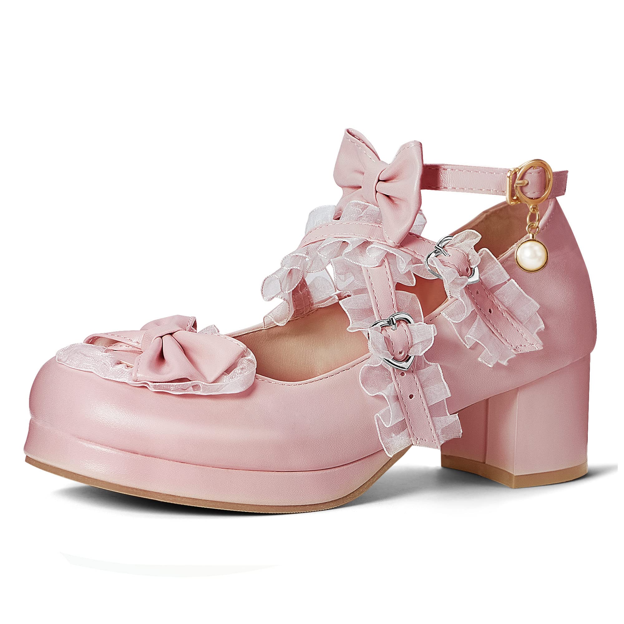elerhythm Damen Mary Jane Plattform Chunky Block Heels Nettes Cosplay Kawaii Bow Lace Kleider Gekreuzt Runde Zehe Knöchelriemen Schuhe