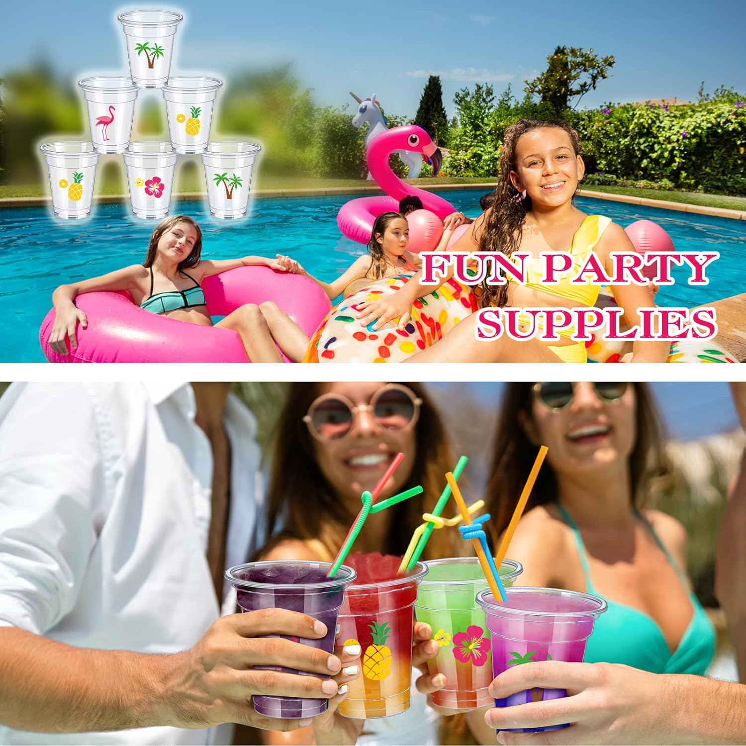 meekoo 100 Pack 12 oz Clear Disposable Luau Cups Hawaiian Flamingo Disposable Plastic Pineapple Tropical Cups for Party Luau and Tiki Party Supplies Birthday Bachelorette Drinkware Decorations