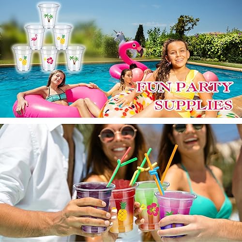 Miniatura 4 de meekoo Paquete de 100 tazas Luau desechables transparentes de 12 onzas líquidas de flamenco hawaiano desechables de plástico con piñas tropicales