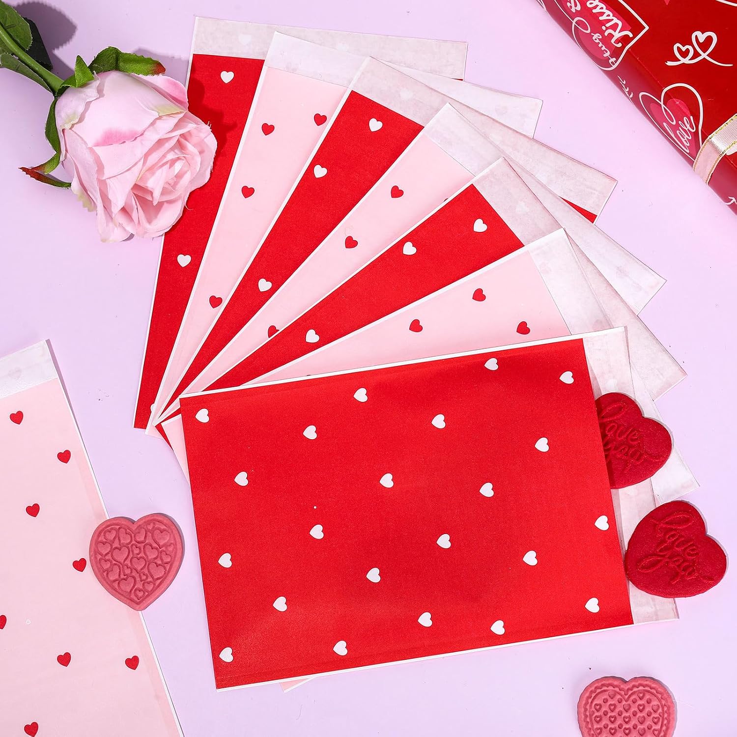 Whaline 100 Pcs Heart Treat Bags Red Pink Self-Adhesive Flat Paper Gift Bags Cute Prints Goodies Candy Buffet Bag for Valentine's Day Wedding Mother's Day Party Supplies image 5