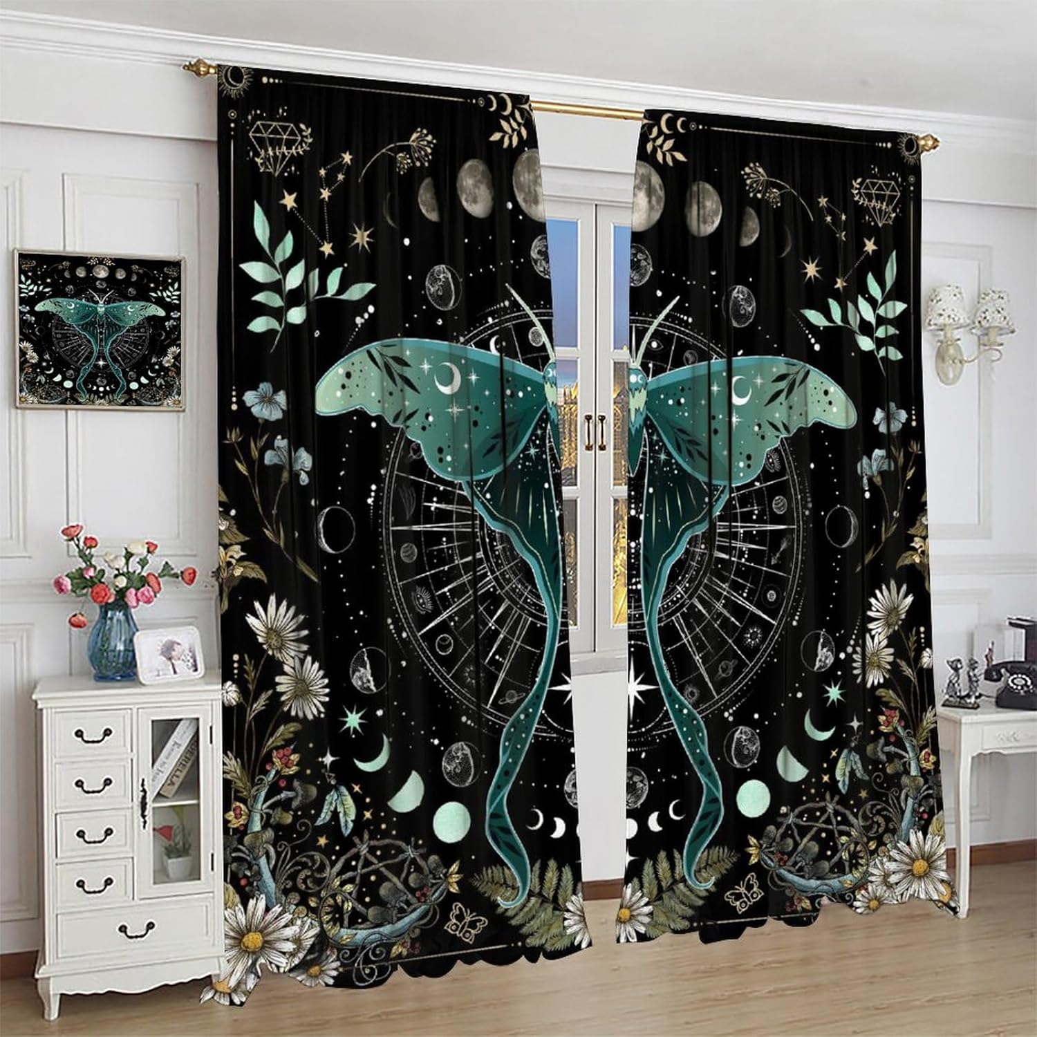 Moth Witchy Gothic Blackout Curtains for Kitchen,Rustic Moon Phase Teal Wildflower Plant Mysterious Night Moonlight Butterfly Plant Tarot Window Treatments for Girls Bedroom Bathroom 72x63in