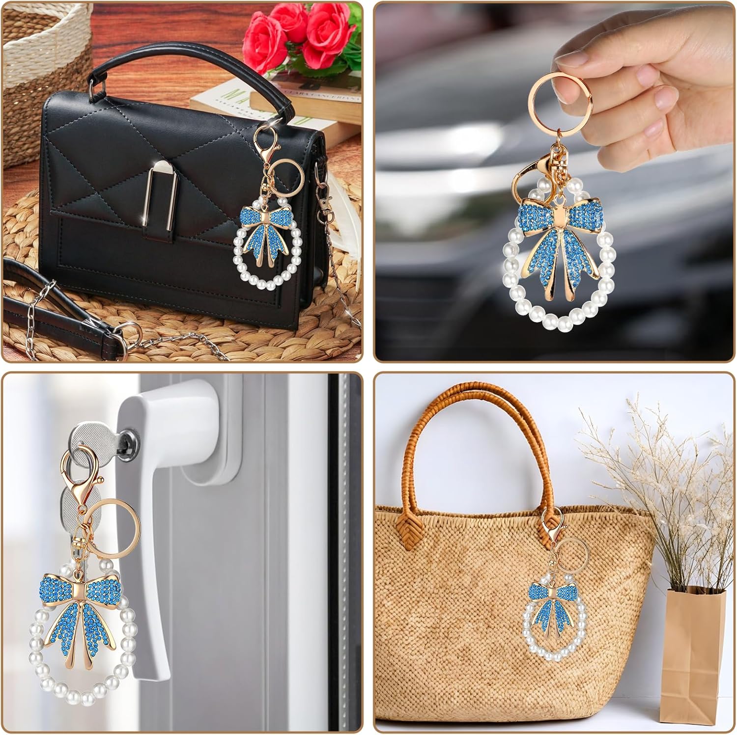 Bow Keychain Rhinestone Bowknot Keychain Purse Charms Bag Charms Imitation Pearl Chains for Handbags Purses Backpacks Cute Keychains Accessories for Women, Blue - Image 4