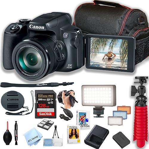 Canon PowerShot SX70 - Cámara digital + memoria Extreme Pro de 128 GB, luz de video LED, funda, trípode, software, paquete de accesorios de video