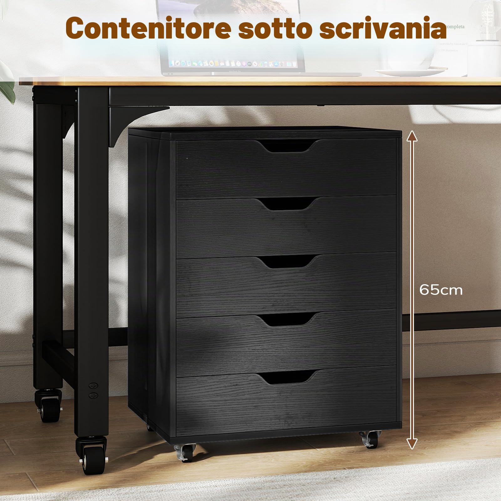 GIANTEX Cassetto da scrivania mobile con 5 cassetti da ufficio, mobile da ufficio, organizer con ruote, supporto per stampante per cartelle, documenti, documenti, carta, 48 x 39,5 x 69,5 cm (Nero)