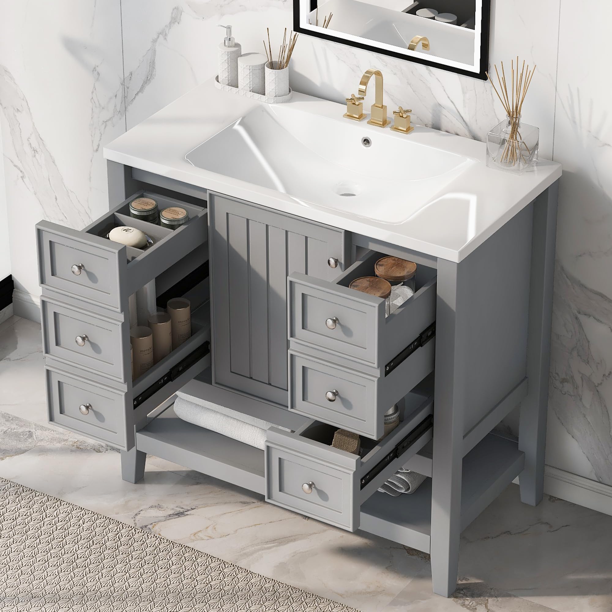 Harper & Bright Designs 36" Bathroom Vanity with Sink, Free Standing Single Basin Vanity Set with One Cabinet and Three Drawers, Wooden Bathroom Cabinet with Ceramic Sink for Bathroom, Grey