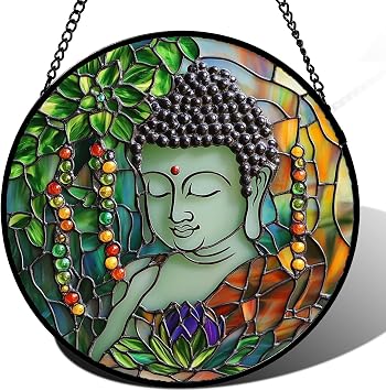 Stained Glass Window Hanging Lotus Buddha Zen Theme Large 11.8" - Suncatcher Door Garden Sunroom Sun Catcher Decor Birthday Christmas for Mom Woman Nana Friend Men Aunt