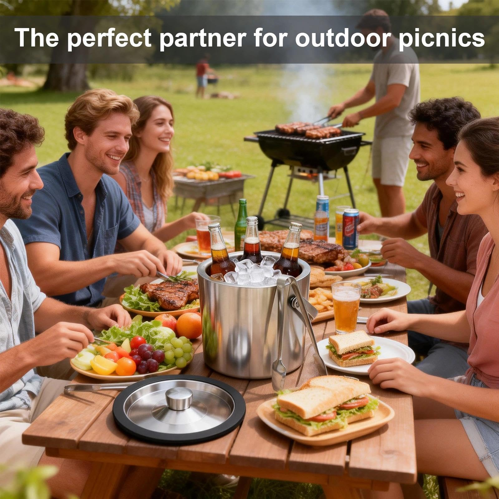 Seau à glaçons en acier inoxydable de 1,6 l - Double paroi - Avec couvercle - Passoire et pince - Passe au lave-vaisselle - Pour fêtes, jardin, barbecue, bière, vin, champagne
