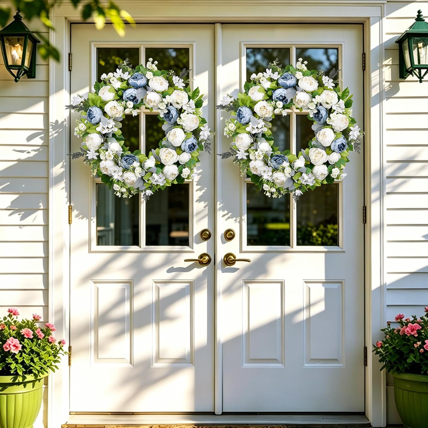 Spring Wreath for Front Door 22-24 Inch, Peony Blue White Wreath, Summer Floral Chaplet, Rose Hydrangea Full Handmade Door Wreaths for Outdoor All Season, Wall and Window Decor