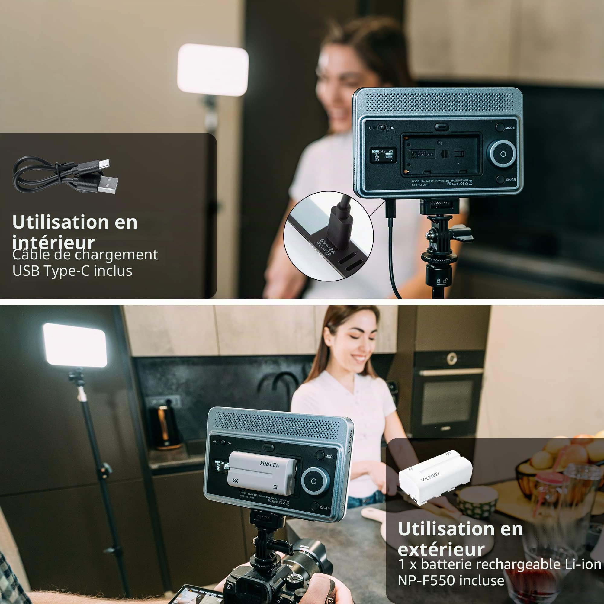VILTROX 15C Lampe vidéo LED RVB avec contrôle APP Panneau Lumineux de caméra 0-360 Couleur CRI95 + 2800-6800K, 26 scènes Lumineuses avec Batterie NP-F550 pour caméscope DSLR Youtube Vlog