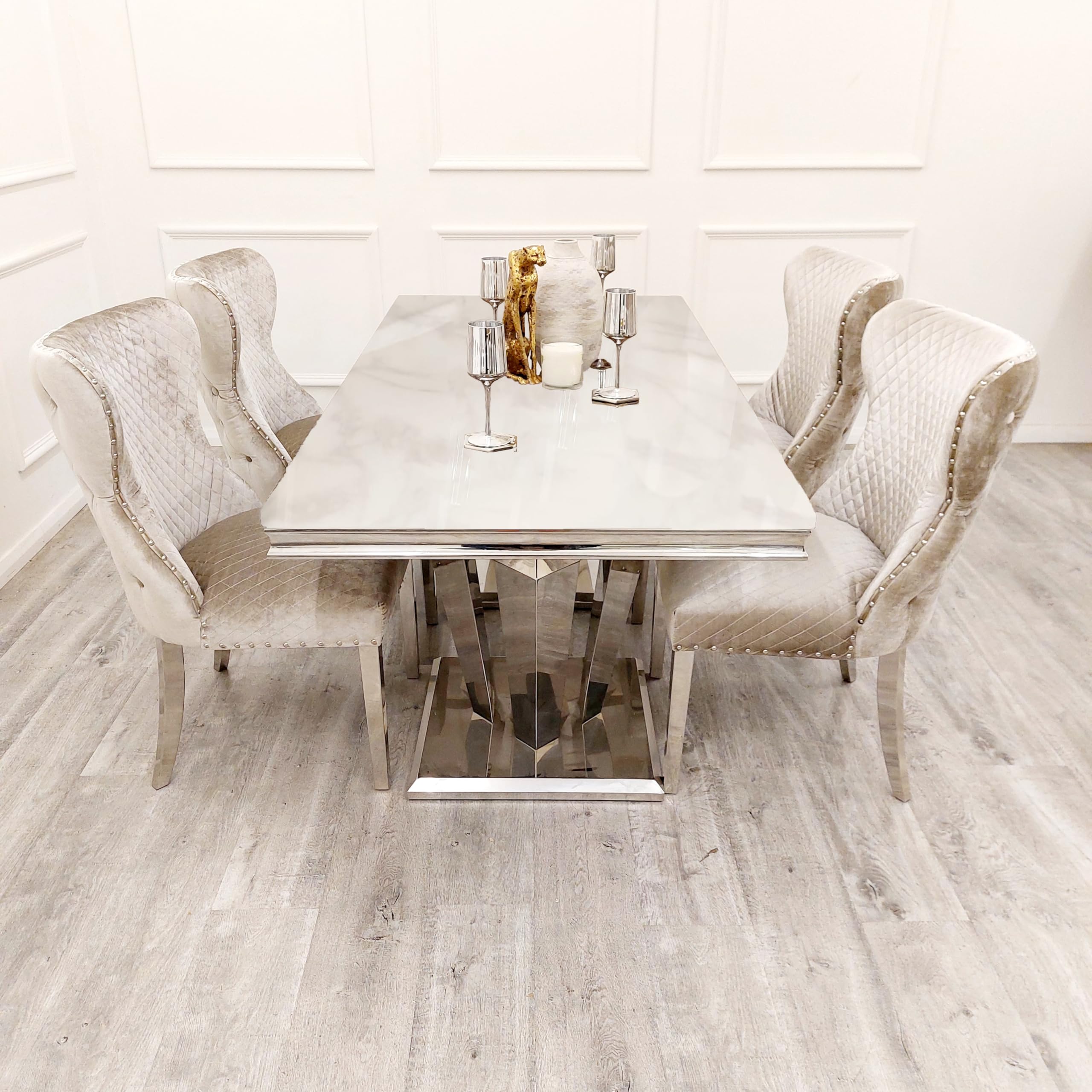 Luxueuse table de salle à manger Athena 1 8 m avec double base miroir ; plateau élégant en marbre ou en verre ; table de salle à manger élégante pour 6 personnes ; finition marbre blanc