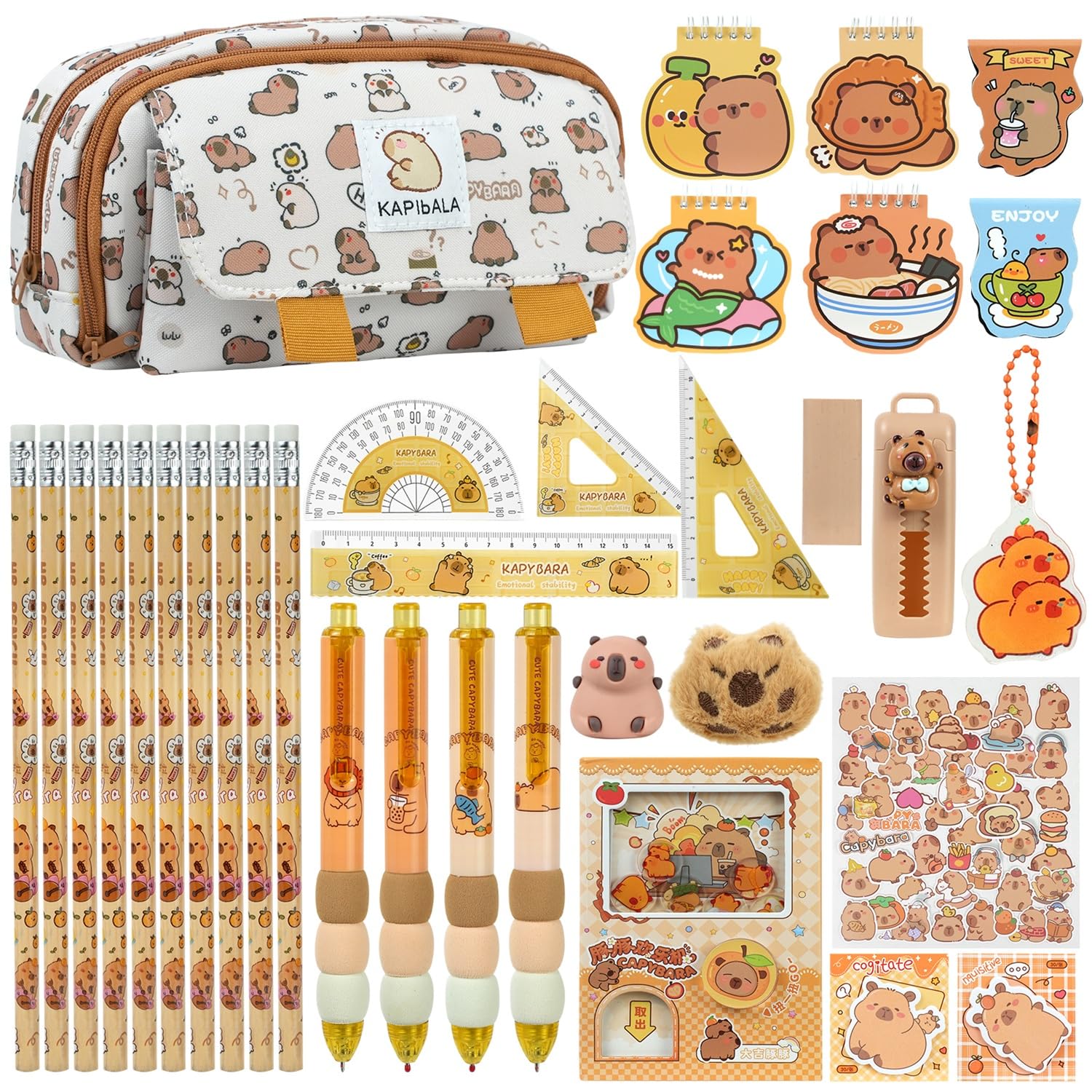 Realjoy 33Pcs Capybara Pencil Case, Capybara Stationery Set Include Notebook, Ruler, Stickers, Sticky Notes, Pencils, Kawaii Stationery Gifts for School, Office, Children and Students