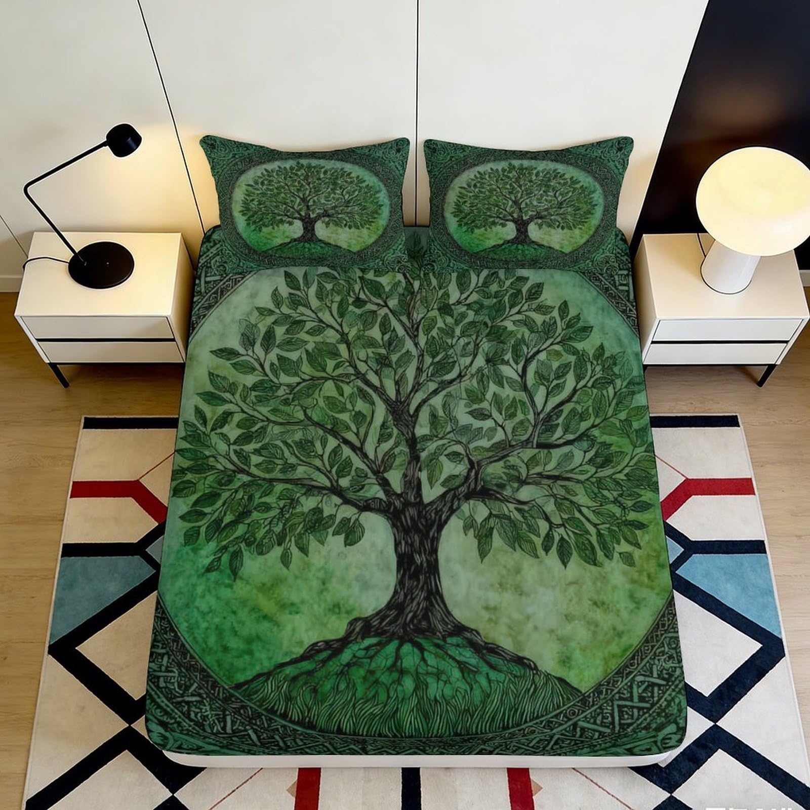 3D Printed Tree of Life Fitted Sheet Microfiber Soft Green Nature Roots Bed Cover for Bedroom Guest Room Decor 90x200x25cm
