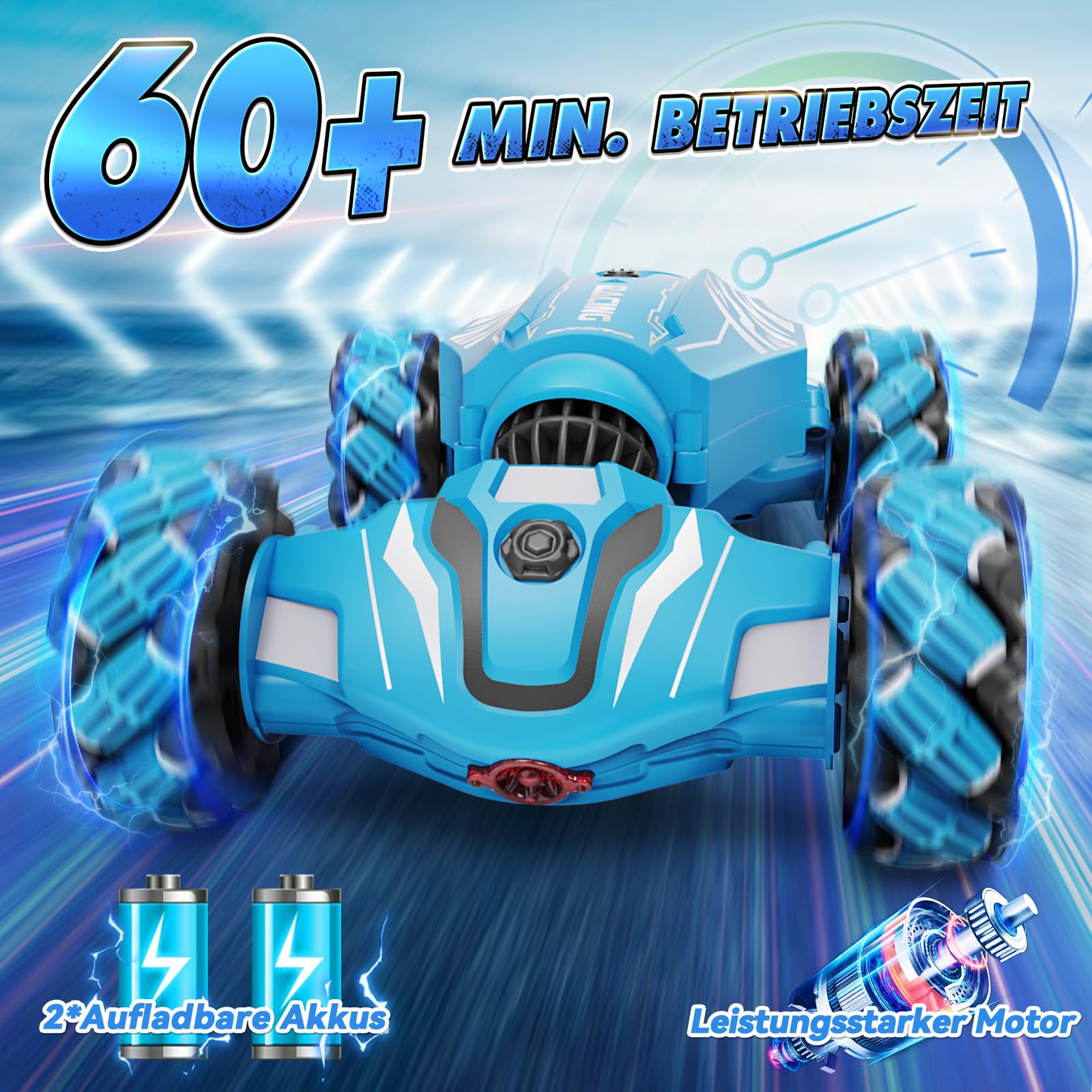 Dysaim Ferngesteuertes Auto ab3+ jahre, 4WD RC Auto mit Handsteuerung, 2.4Ghz 360°Drehung Drift Stunt Car mit Licht Musik Spray, Weihnachten Geschenke Spielzeug für Jungen Mädchen, Blau