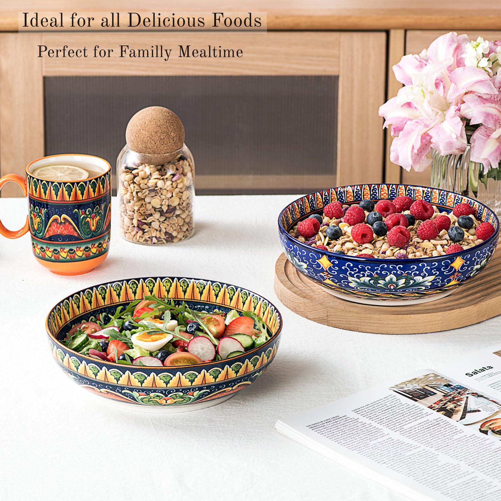 Henten Home Pastateller, Suppenteller/Tiefteller Set 2er, 1500ml Buntes Salatschüsseln für Suppe, Nudel, Spaghetti, Pasta, Salat - Serie Mylo, Boho Stil
