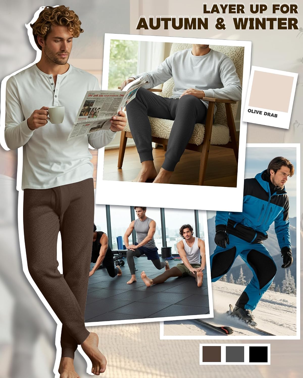 August Alley 3 Pack Men's Thermal Waffle Bottoms Base Layer Pant