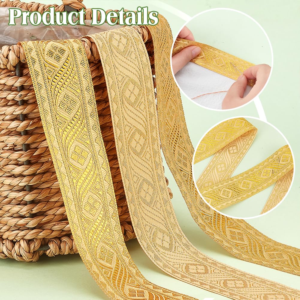 PH PandaHall 7.3m Gold Jacquard Ribbon 3.4cm Woven Trim