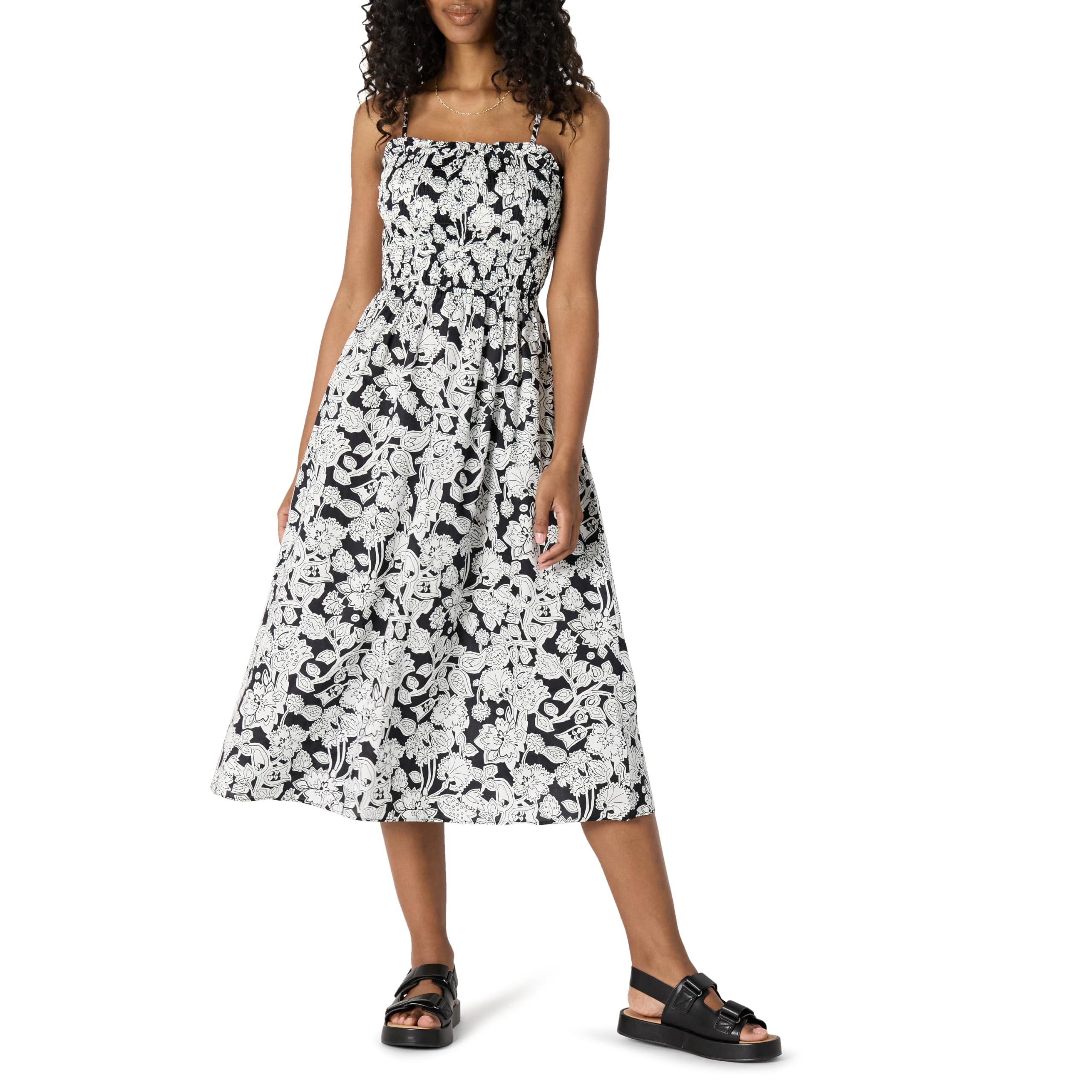 Amazon Essentials Robe à Corsage Smocké en Satin de Coton, Coupe Classique Femme