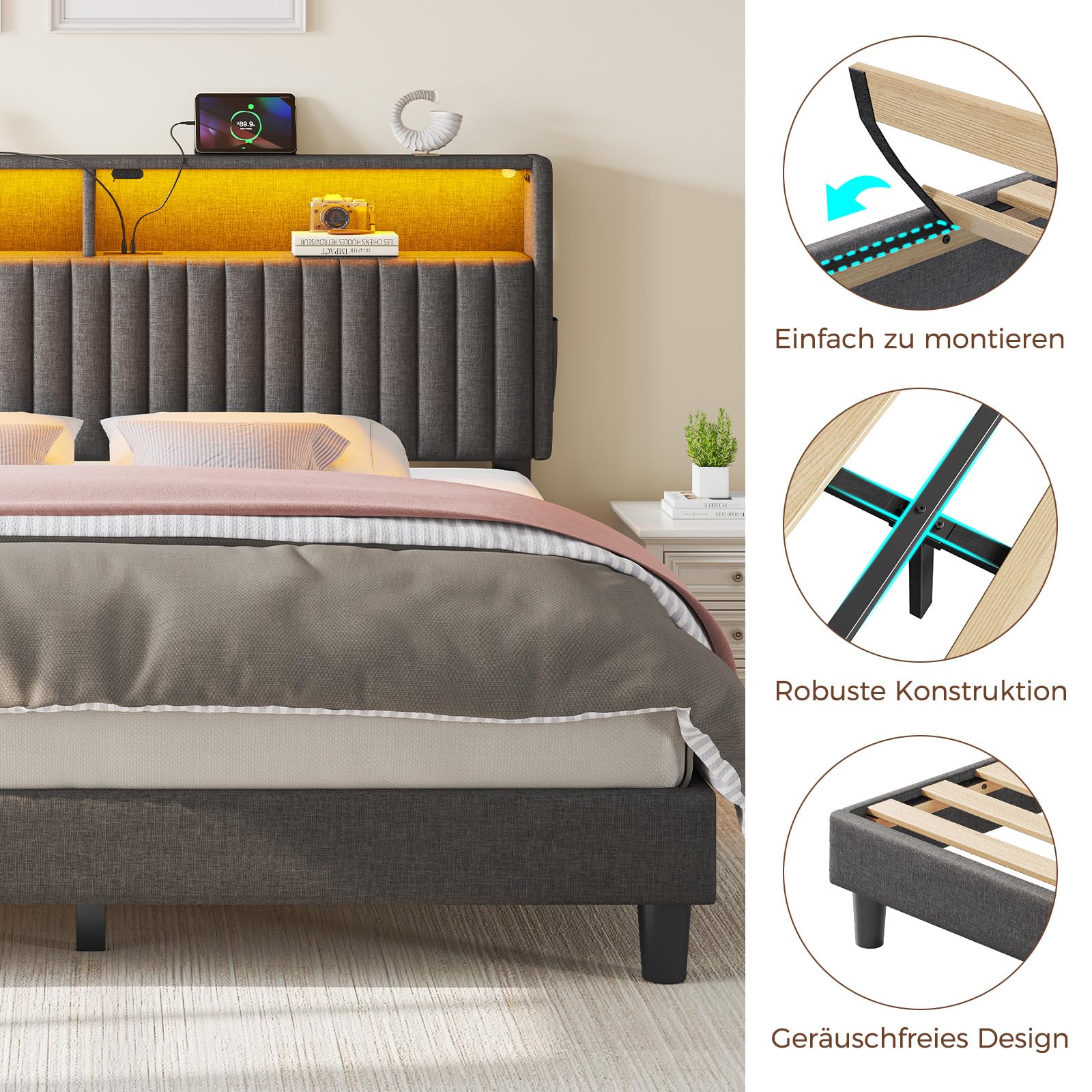 Seventable Bett 90x200 mit Ladestation, Metallbett mit Gepolstertem Kopfteil & LED, Bettgestell mit Zweischichtige Ablage, perfekt für Kinderzimmer, Jugendzimmer (grau)