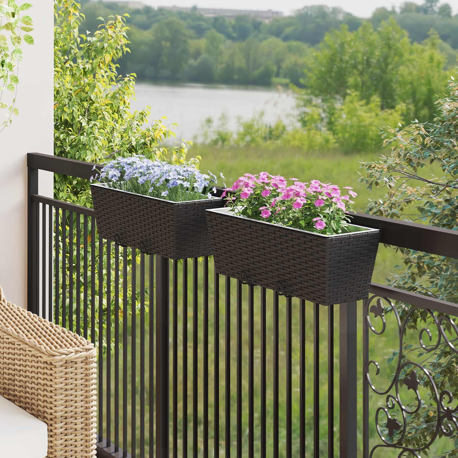 Balustrada 2 szt Czarny 50 x 17 x 17 cm Metal Donica Balkonowa Rattan Plecionka Haki Montaz Odpornosc UV Na Taras Ogrodzenie Zewnetrzny