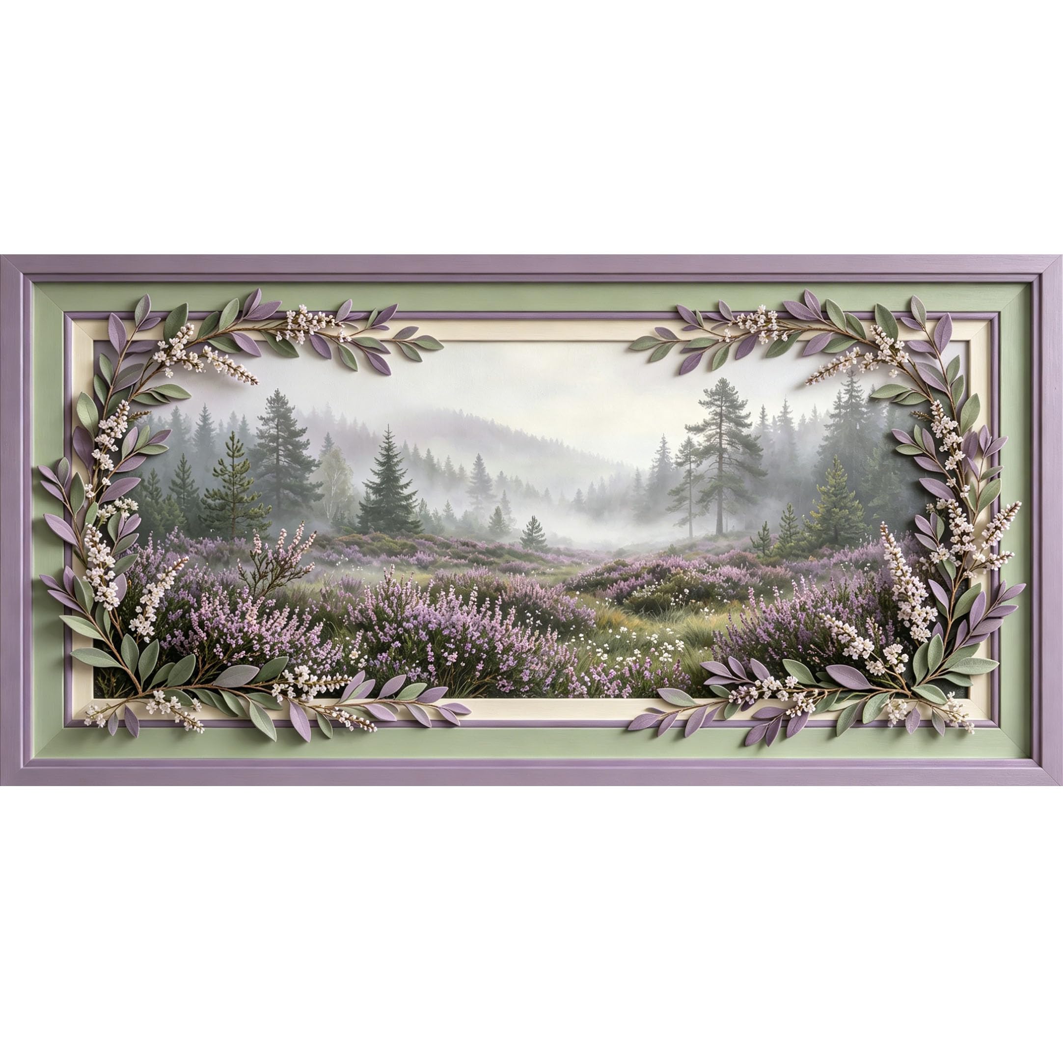 Agglomerix 3D Framed Wall Art Misty Forest Purple Heather Floral Botanical Landscape Large Size SelfAdhesive Removable Wall Decor Prints Artwork for Living Room Bedroom Office