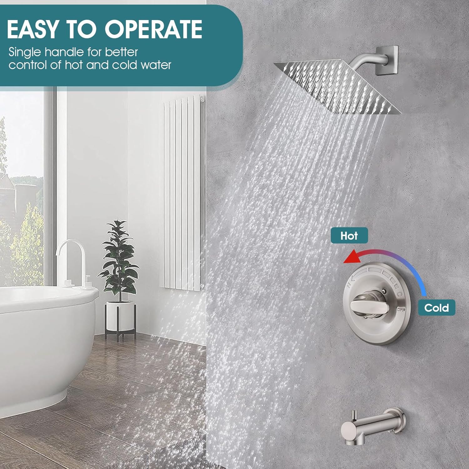 Replacement Faucet Shower Trim Kit for Delta 1300/1400 & 13/14 Series, Tub Shower Faucet Set, High Pressure 8" Square Rain Shower Head - Brushed Nickel (Valve/Cartridge Not Included)