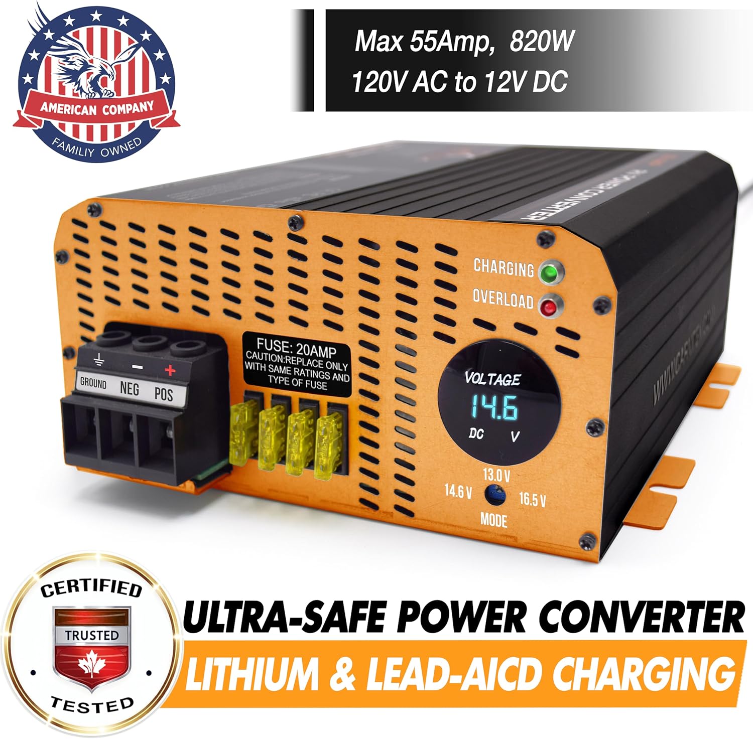 CARMTEK RV Converter 55 Amp | RV Power Converter & Battery Charger | Lithium and Lead Acid Charging | 120VAC to 12VDC | 13V to 16.5V Adjustable Operating Range