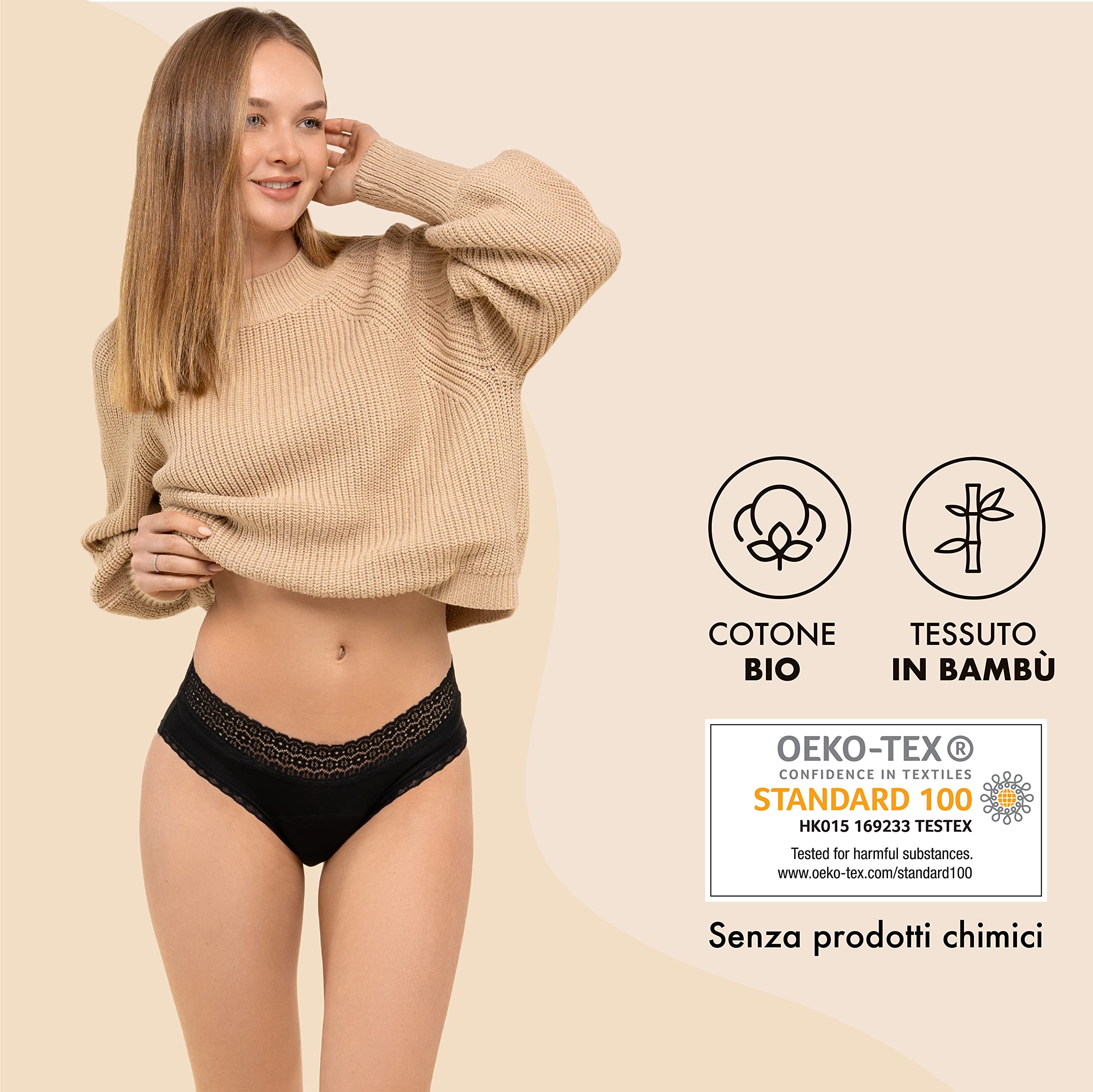 ZENAPHYR Set 3 Mutande Ciclo Mestruale Donna con Cotone Bio Ecologico - Mutande Assorbenti Donna Ciclo 4 Strati Assorbenti Anti-Perdite - Mutande mestruali Donna Lavabile