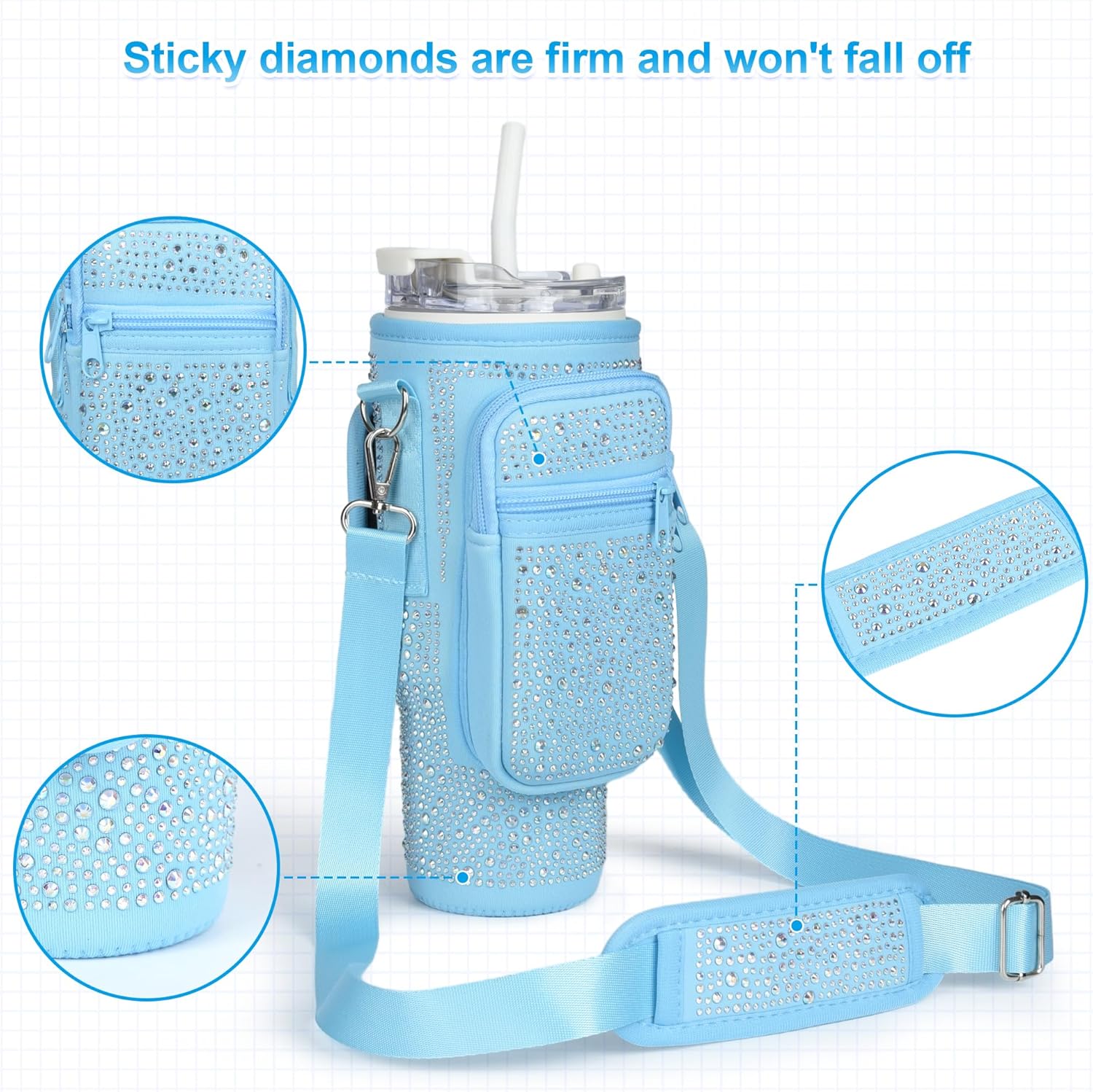 Bling Diamond Water Bottle Carrier Bag with Phone Pocket for Stanley 40/30 oz Tumbler with Card Holder,Neoprene Water Bottle Holder Pouch with Adjustable Strap for Stanley Cup Accessories