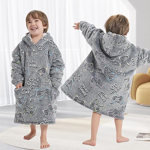 Miniatura 125 de Wearable Blanket Hoodie for Kids Oversized Sherpa Blanket Hoodie for Kids Boys Girls Teens 6-13YR,Navy Shark