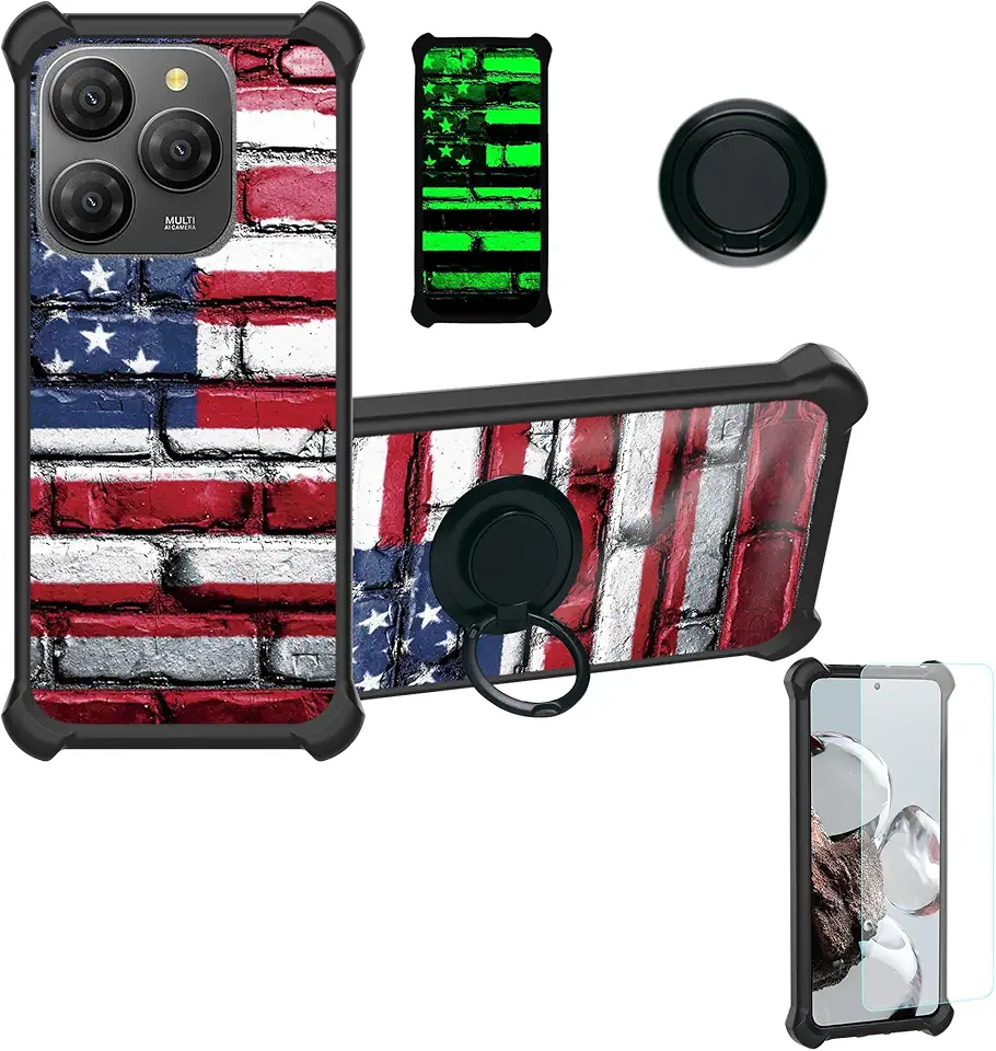 jioeuinly Capa para celular UMIDIGI G9X compatível com UMIDIGI Note 100X / 100X 5G [com protetor de tela de vidro temperado][PC rígido + silicone macio][suporte para anel] [efeito luminoso] YGH-GQ