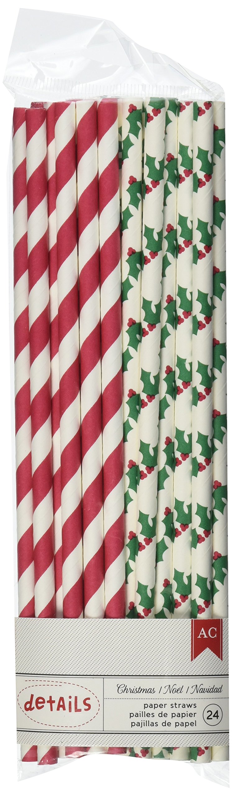 American Crafts 24 szt. świąteczne słomki papierowe z jemiołami i paskami