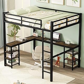 Bellemave Metal Full Size Loft Bed with Desk and Storage Shelves,Heavy D...