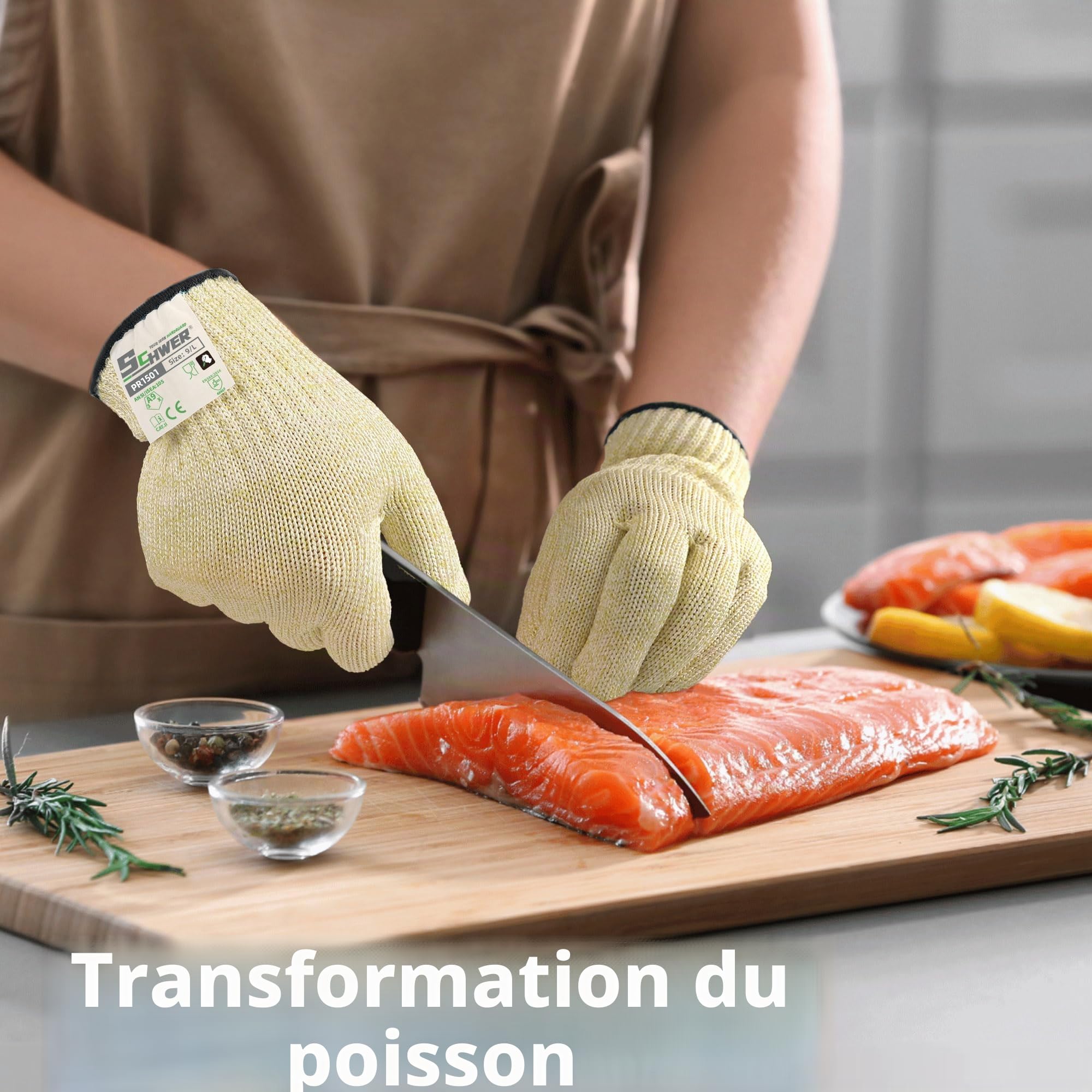 Schwer Gants résistants à la coupure LEVEL A9/F, conformes aux normes américaines et européennes les plus strictes, protection ultime contre la coupure, sans PFAS(beige,2pairs,M)