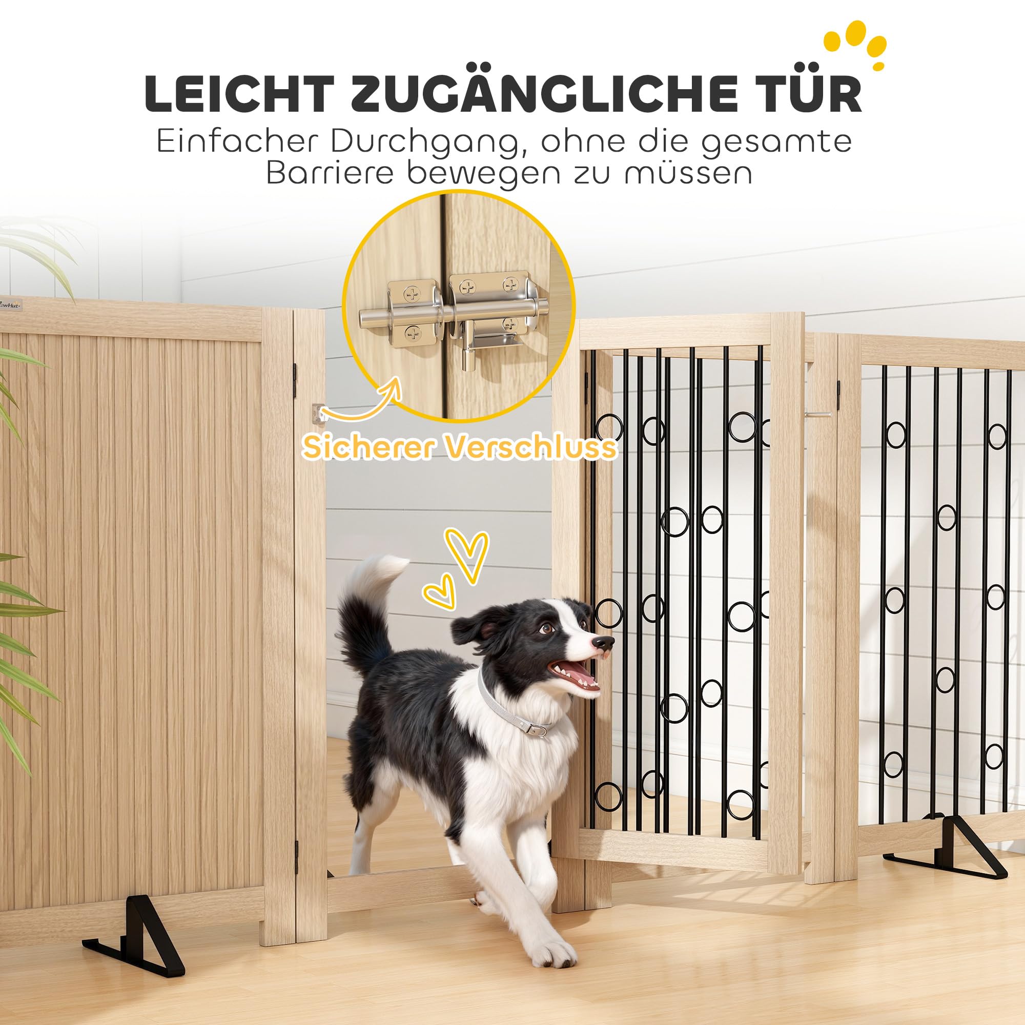 PawHut Absperrgitter Hund Faltbares 4 Paneelen HxB 91,5 x 205 cm Eiche | Freistehendes Schutzgitter, 2 Stützfüßen, Abschließbarer Tür, Haustiergitter Küche Kamin Tür