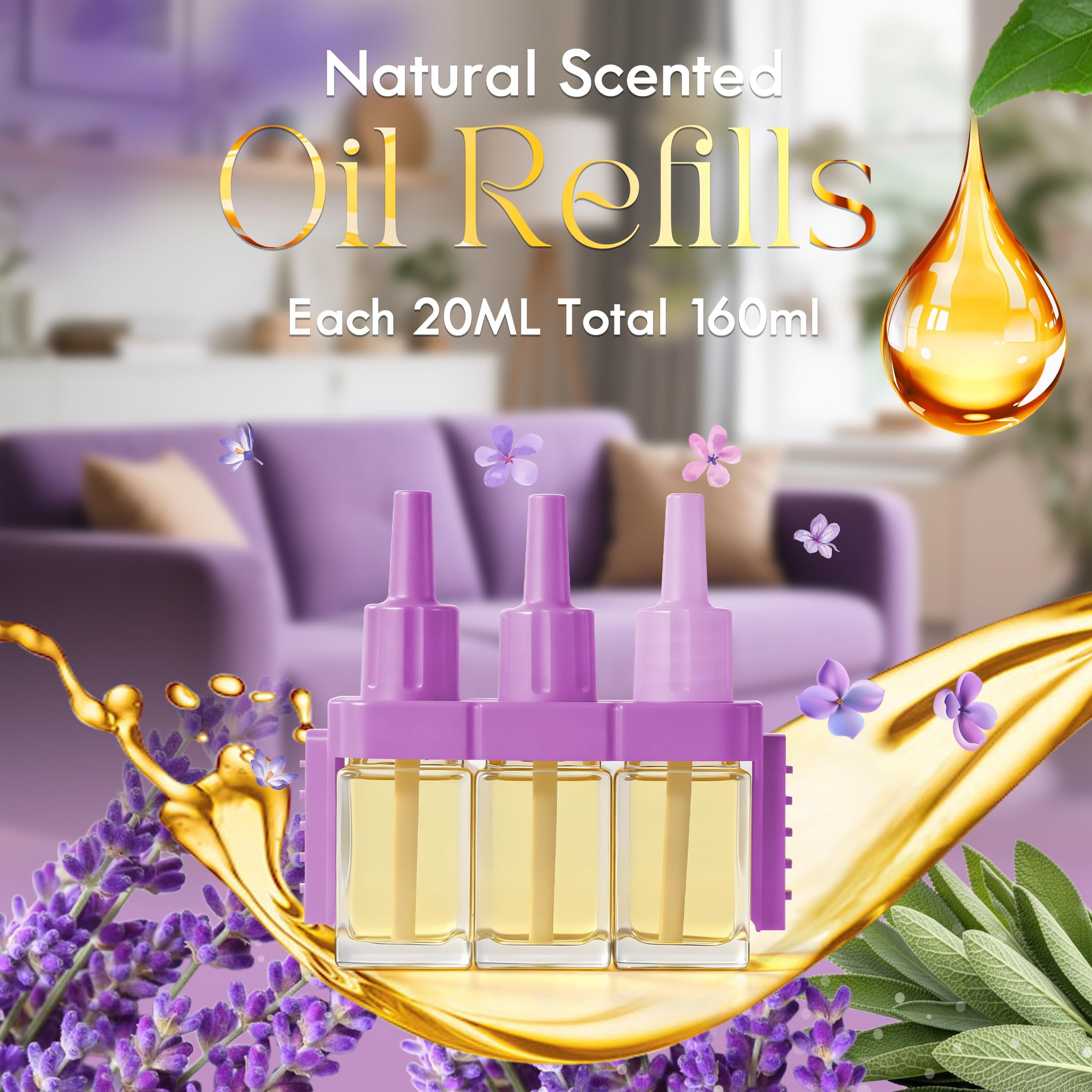 LASENTEUR Recambio de frasco de aceite aromático, compatible con Febreze 3Volution, paquete de 8, 6 fragancias, lavanda, eucalipto, salvia, hawaii, vainilla, sándalo, fragancia para sala de estar o